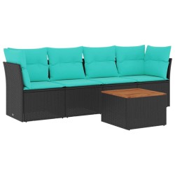 Salon de jardin 5 pcs avec coussins noir résine tressée 