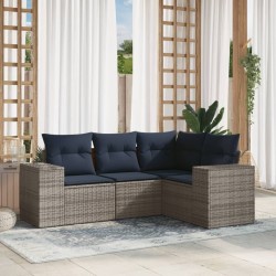 Salon de jardin 4 pcs avec coussins gris résine tressée 