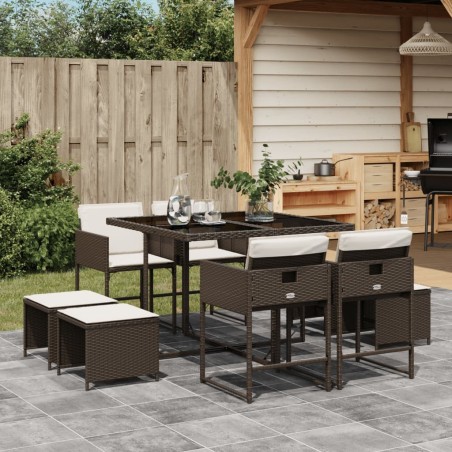 Ensemble à manger de jardin et coussins 9 pcs marron poly rotin 