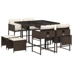 Ensemble à manger de jardin et coussins 9 pcs marron poly rotin 