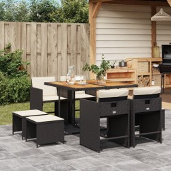 Ensemble à manger de jardin 9pcs coussins noir résine tressée 