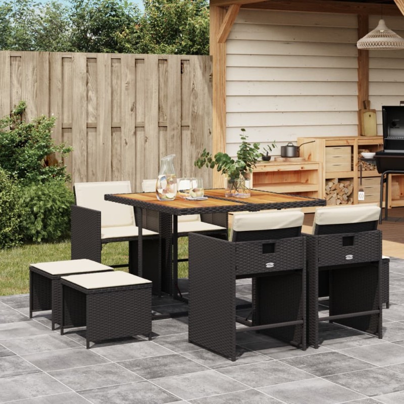 Ensemble à manger de jardin 9pcs coussins noir résine tressée 