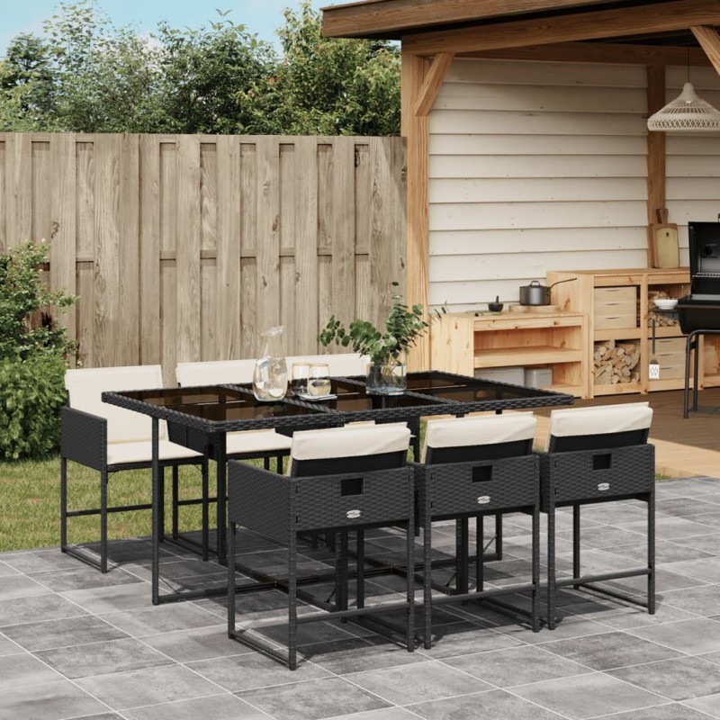 Ensemble à manger de jardin coussins 7pcs Noir Résine tressée 