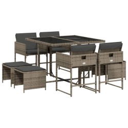 Ensemble à manger de jardin 9 pcs coussins gris résine tressée 