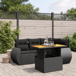 Salon de jardin 5 pcs avec coussins noir résine tressée 