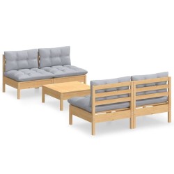 Salon de jardin 5 pcs avec coussins gris bois de pin 