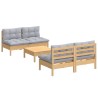 Salon de jardin 5 pcs avec coussins gris bois de pin 