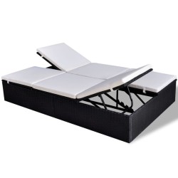 Chaise longue double avec coussin Résine tressée Noir 