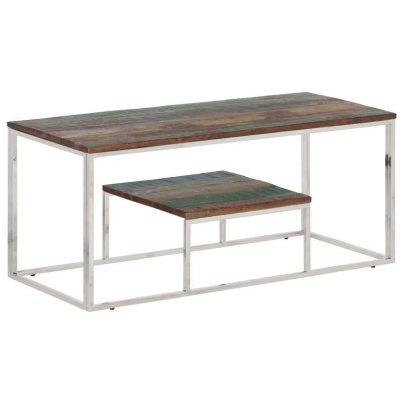 Table basse argenté acier inoxydable/bois massif récupération 