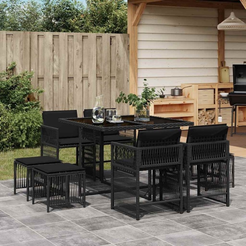 Ensemble à manger de jardin 9pcs coussins noir résine tressée 
