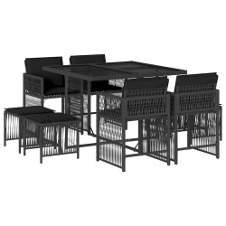 Ensemble à manger de jardin 9pcs coussins noir résine tressée 