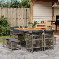 Ensemble à manger de jardin 9 pcs coussins gris résine tressée 
