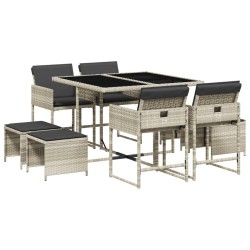 Ensemble à manger de jardin et coussins 9 pcs gris clair rotin 