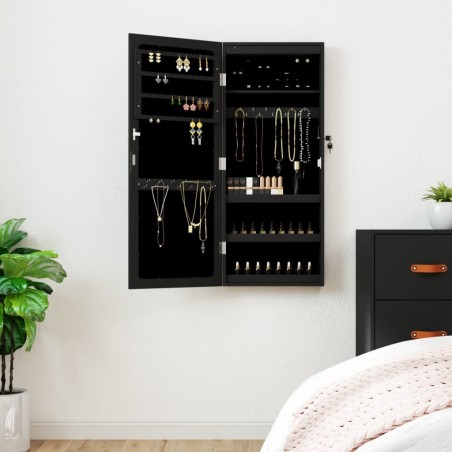 Armoire à bijoux avec miroir et éclairage LED mural noir 