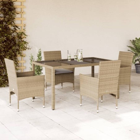 Ensemble à manger de jardin et coussins 5 pcs beige rotin verre 