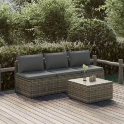 Salon de jardin 4 pcs avec coussins Gris Résine tressée 
