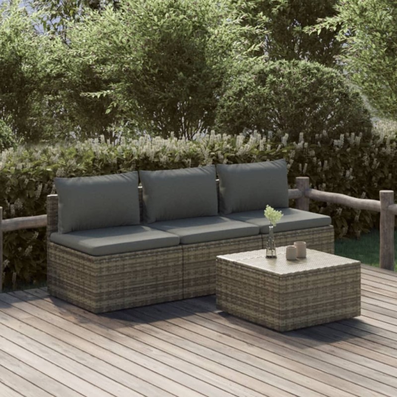 Salon de jardin 4 pcs avec coussins Gris Résine tressée 