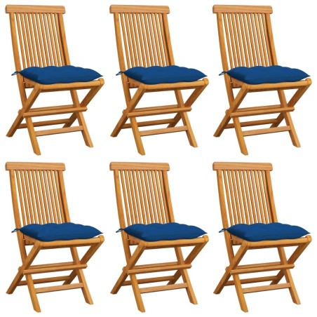 Chaises de jardin et coussins bleu lot de 6 Bois de teck massif 