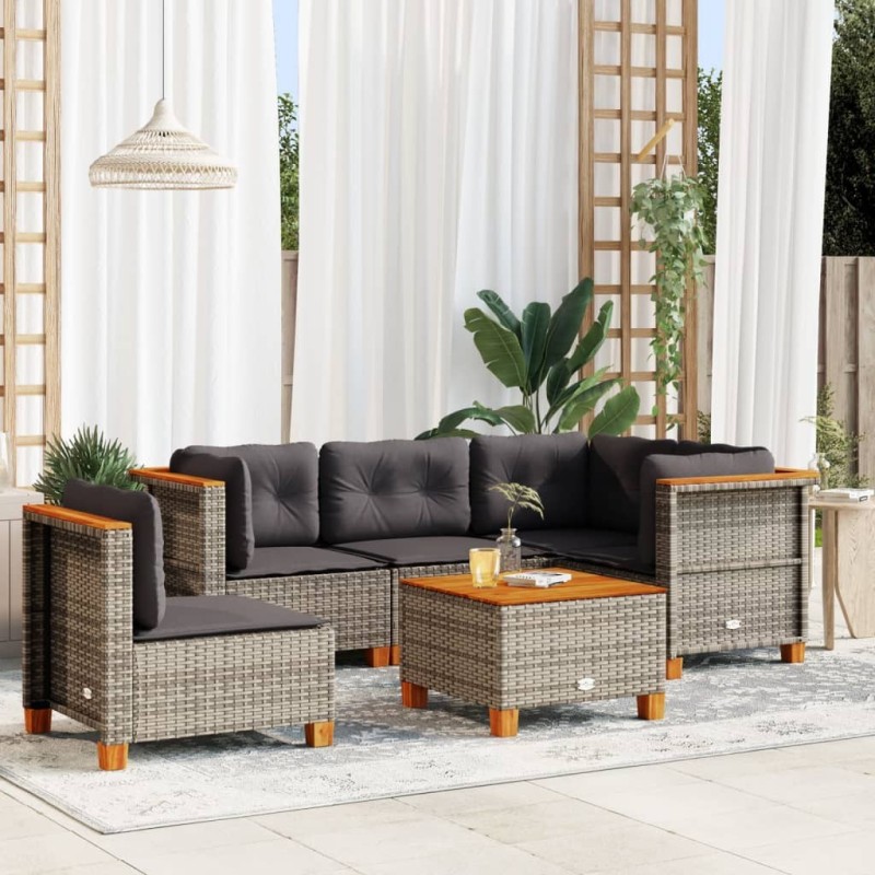 Salon de jardin 6 pcs avec coussins gris résine tressée 