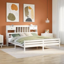 Lit bibliothèque sans matelas blanc 200x200 cm bois pin massif 