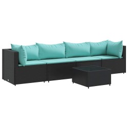Salon de jardin 5 pcs avec coussins Noir Résine tressée 