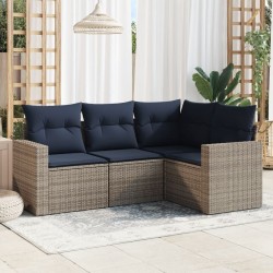 Salon de jardin 4 pcs avec coussins gris résine tressée 