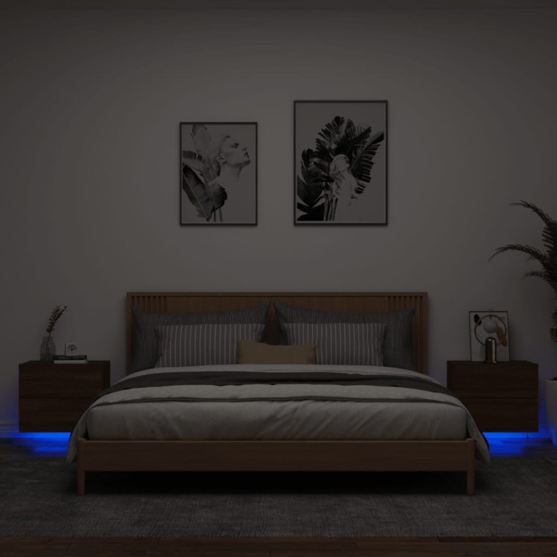 Tables de chevet murales avec lumières LED 2 pcs chêne marron 