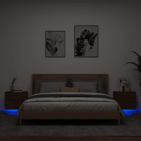 Tables de chevet murales avec lumières LED 2 pcs chêne marron 