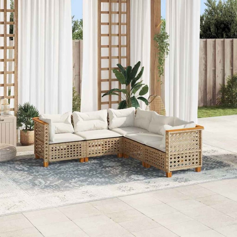 Salon de jardin avec coussins 5 pcs beige résine tressée 