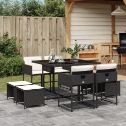 Ensemble à manger de jardin 9pcs coussins noir résine tressée 