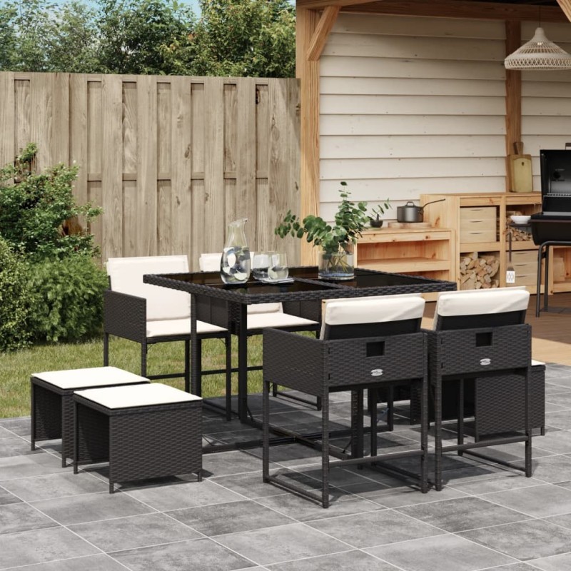 Ensemble à manger de jardin 9pcs coussins noir résine tressée 