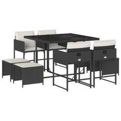 Ensemble à manger de jardin 9pcs coussins noir résine tressée 