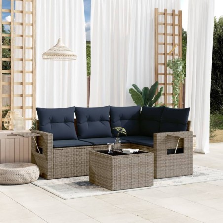 Salon de jardin 5 pcs avec coussins gris résine tressée 