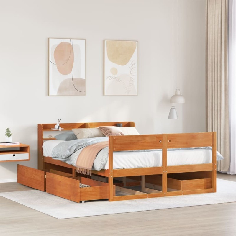 Cadre de lit sans matelas cire marron 135x190cm bois pin massif 