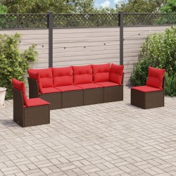 Salon de jardin 6 pcs avec coussins marron résine tressée 