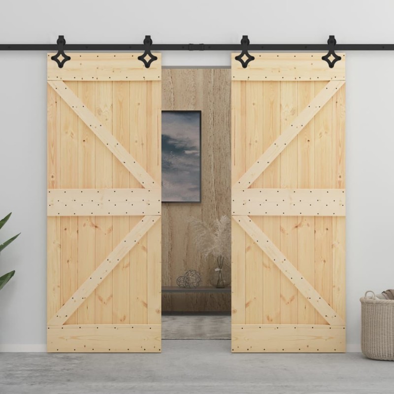 Porte coulissante avec kit de quincaillerie 90x210cm Pin massif 