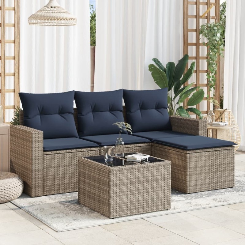 Salon de jardin 5 pcs avec coussins gris résine tressée 