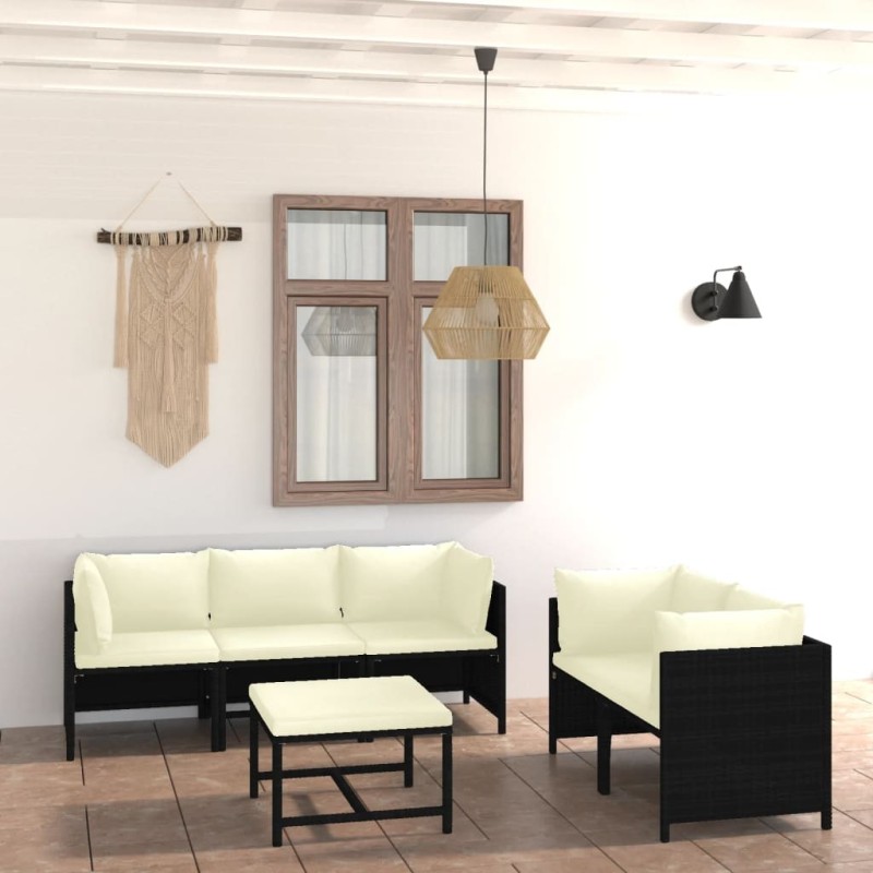 Salon de jardin 6 pcs avec coussins Résine tressée Noir 