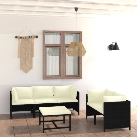 Salon de jardin 6 pcs avec coussins Résine tressée Noir 