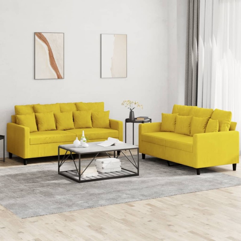 Ensemble de canapés 2 pcs avec coussins Jaune Velours 