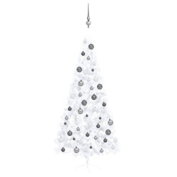 Demi-arbre de Noël artificiel pré-éclairé et boules blanc 210cm 