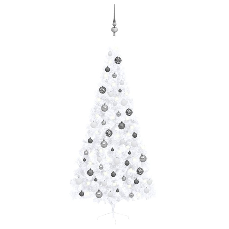 Demi-arbre de Noël artificiel pré-éclairé et boules blanc 210cm 
