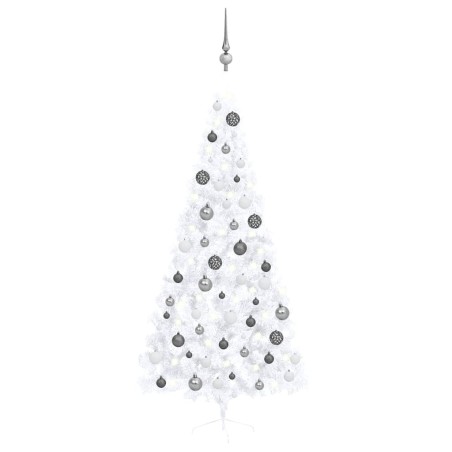 Demi-arbre de Noël artificiel pré-éclairé et boules blanc 210cm 