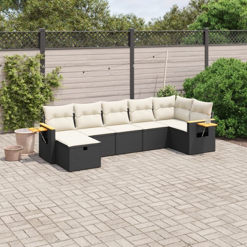 Salon de jardin 7 pcs avec coussins noir résine tressée 
