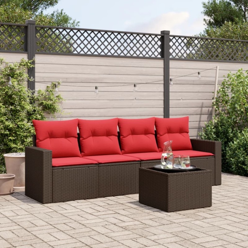 Salon de jardin avec coussins 5 pcs marron résine tressée 
