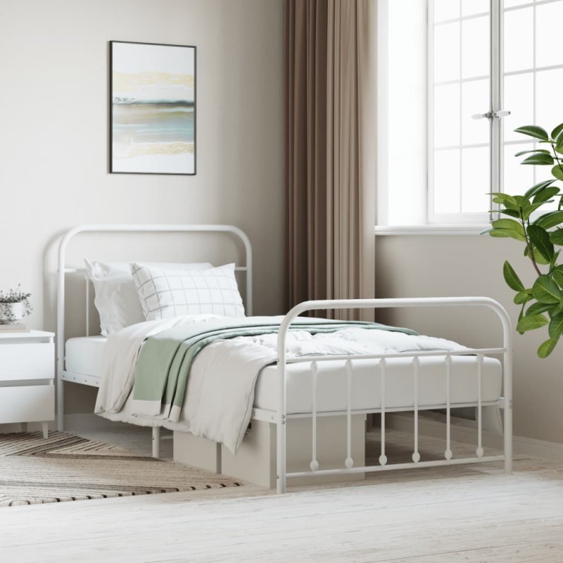 Cadre de lit métal sans matelas et pied de lit blanc 107x203 cm 