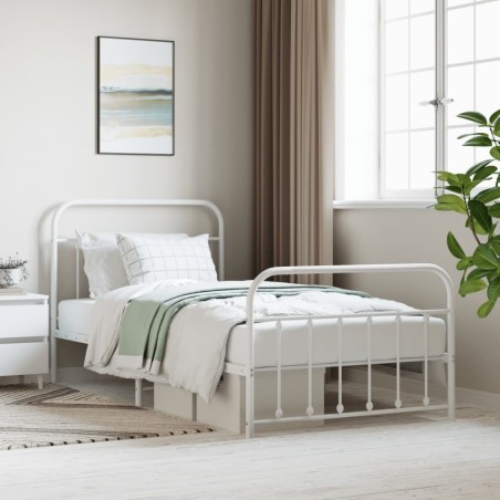 Cadre de lit métal sans matelas et pied de lit blanc 107x203 cm 