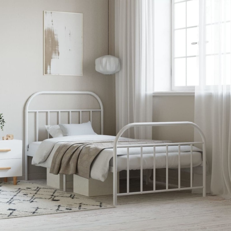 Cadre de lit métal sans matelas et pied de lit blanc 107x203 cm 