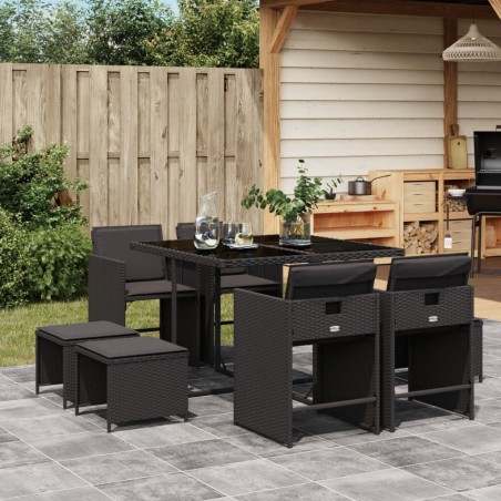 Ensemble à manger de jardin 9pcs coussins noir résine tressée 