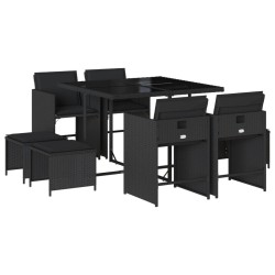 Ensemble à manger de jardin 9pcs coussins noir résine tressée 